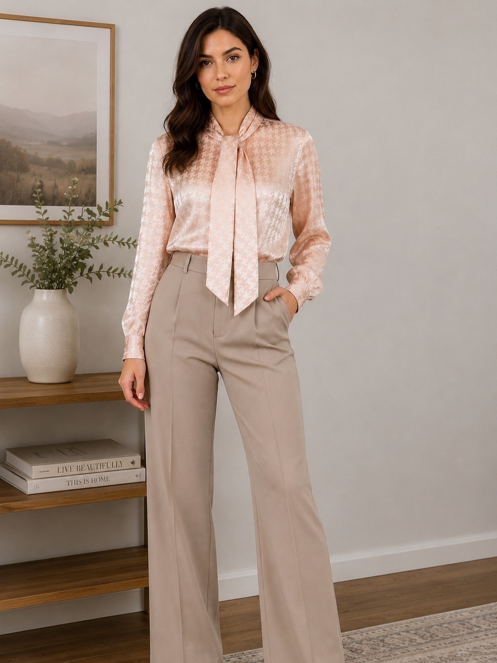 Jordan Vintage Blush Pink Satin Houndstooth Bow Blouse Chic Secretary Top